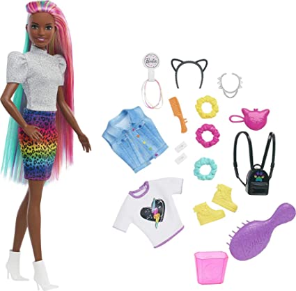 Barbie doll with long rainbow colored hair and accessories
