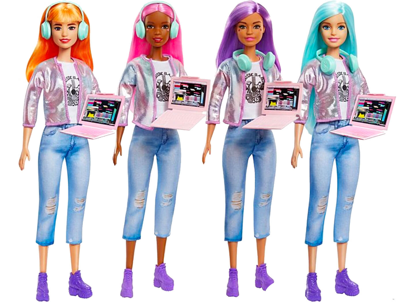 Four music producer Barbie dolls with colorful hair